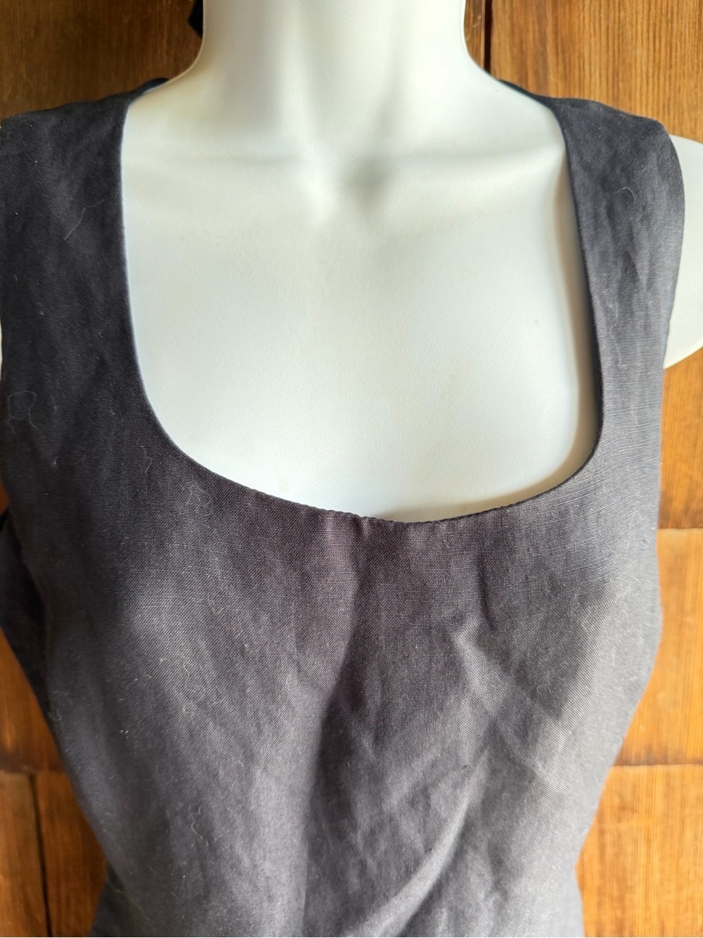 Vintage Ann Taylor Classic Square Neck Sleeveless Navy Linen Shift Dress - Picture 3 of 9